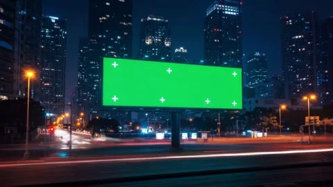 Large Digital Billboard with Green Screen in City at Night Stock Footage 313173990