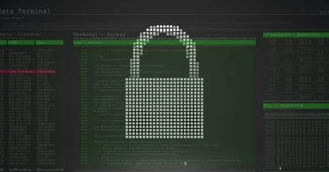 A large digital padlock icon is displayed on computer screen filled with code Stock Photos
