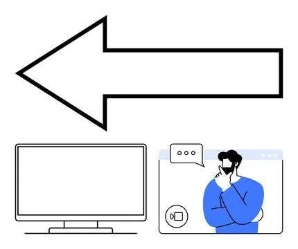 Large Direction Arrow with Computer Screen and Video Conference Chat Illust.. Stock Illustration