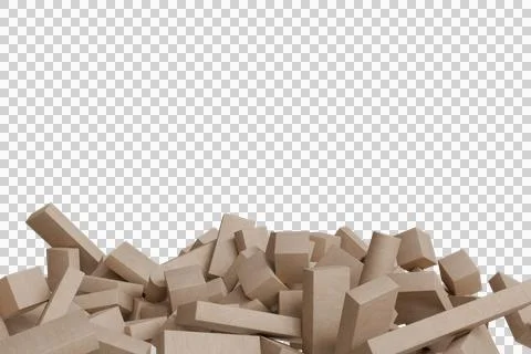 A large, disordered pile of light brown, untextured rectangular blocks fill Stock Photos