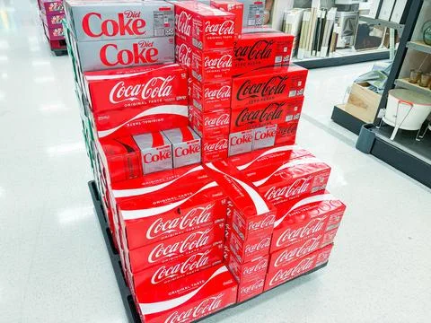 A large display of stacked Coca-Cola soda boxes on a pallet in a retail sto.. Foto stock