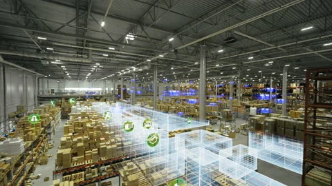 Large distribution center with logistics hologram. Stock Footage 220552953