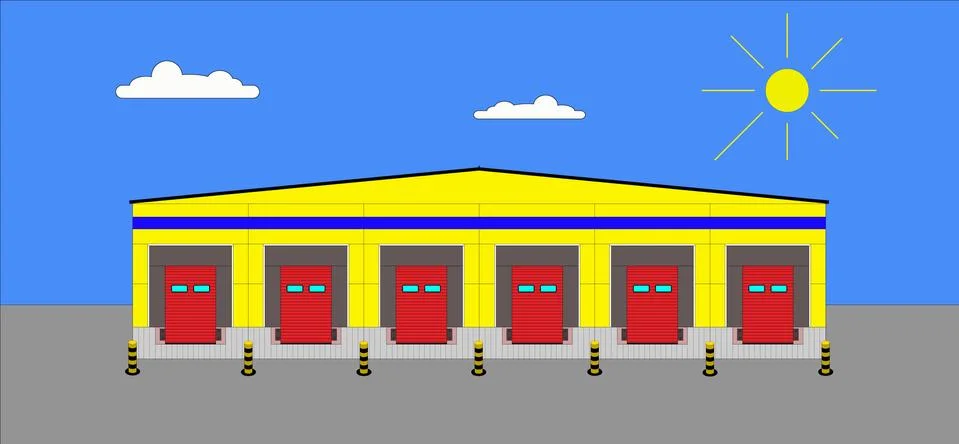 Large distribution warehouse with gates for loading goods. Stock Illustration