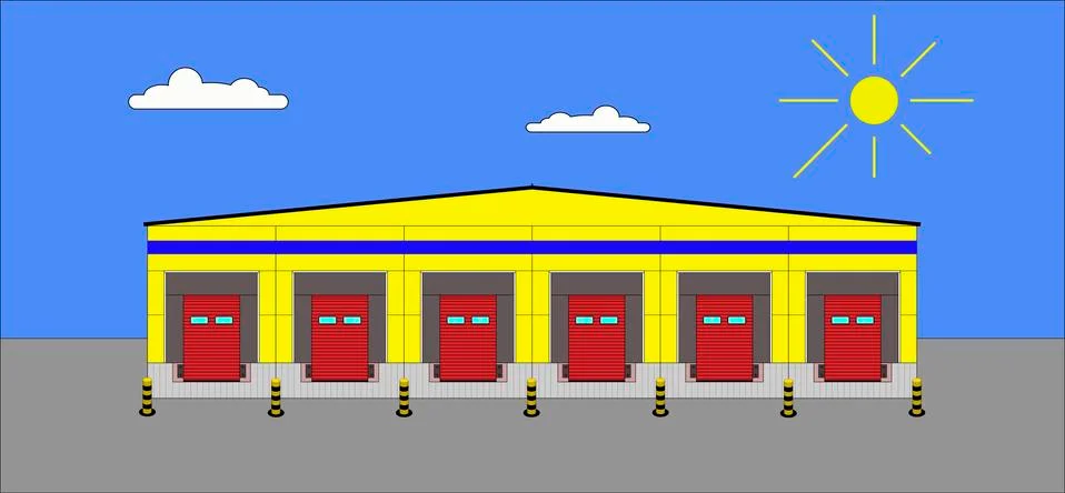 Large distribution warehouse with gates for loading goods. Stock Illustration