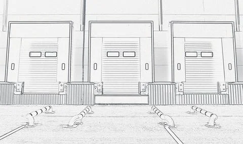 Large distribution warehouse with gates for loading goods. Sketch Stock Illustration