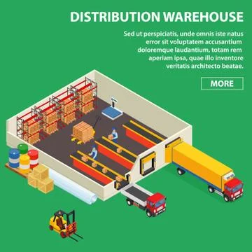 Large distribution warehouse with workers loading or unloading to trucks. Iso Stock Illustration