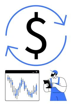 Large dollar sign with arrows, chart with fluctuating graph, worker with tabl Illustrazione stock