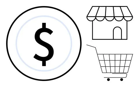 A large dollar sign inside a circle next to a storefront and a shopping cart  Stock Illustration