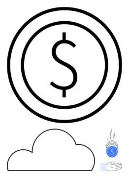 Large dollar sign inside circle above a cloud icon and hand catching coin, re イラスト素材