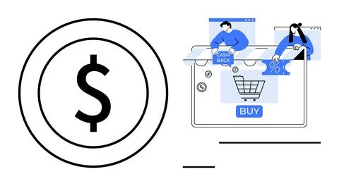 Large dollar sign next to online shopping scene, including a computer screen, Stock Illustration