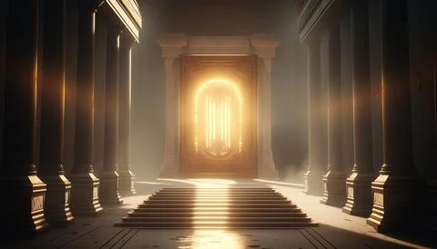 A large doorway with a light coming through it in a dark room with columns .. Stock Illustration
