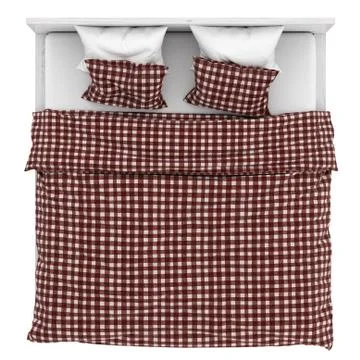 A large double bed with a checkered blanket and pillows on a white background Stock Illustration