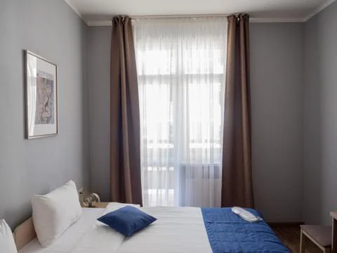 Large double bed in Hotel 28 room Rosa Khutor. Russia Sochi 08 04 2019 Stock Photos