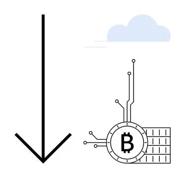 Large downward arrow next to a Bitcoin symbol with a cloud above. Represents  Ilustración de archivo
