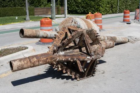 Large drill head. Part of heavy machinery on construction site for drilling Stock Photos
