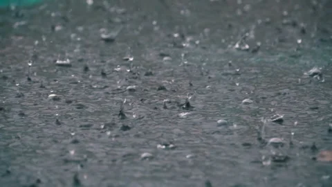 Large Drops of Rain Fall in a Puddle During a Rainstorm. Water Drops in Slow Video stock 86677790