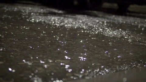Large drops of rain fall on wet asphalt road in the night city, cinematic bac Stock Footage 109571552