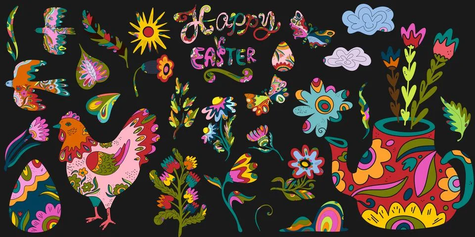 Large Easter decorative set. Vector elements in folk style: rabbits, eggs, fl Illustrazione stock