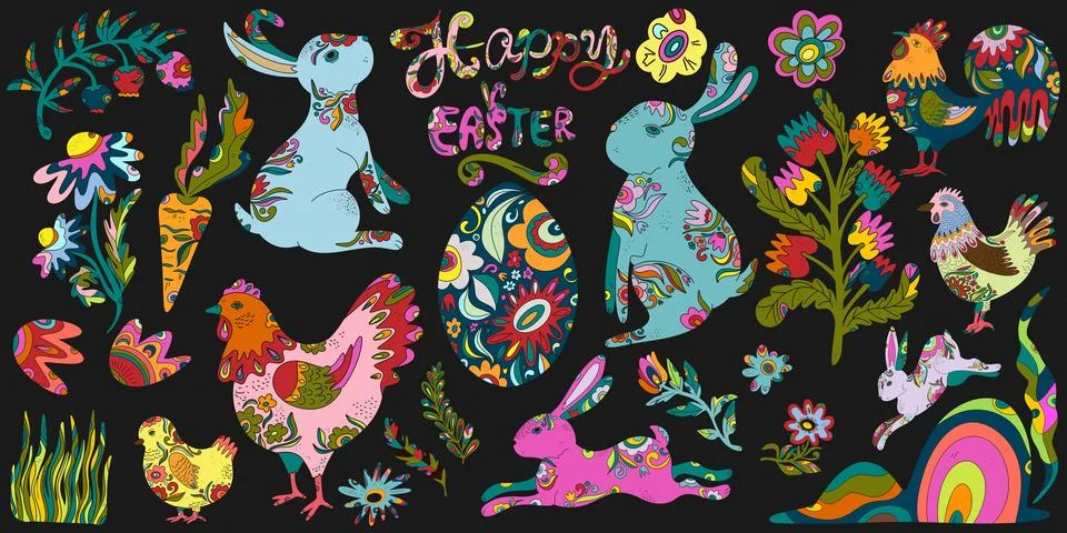 Large Easter decorative set. Vector elements in folk style: rabbits, eggs, fl Illustrazione stock