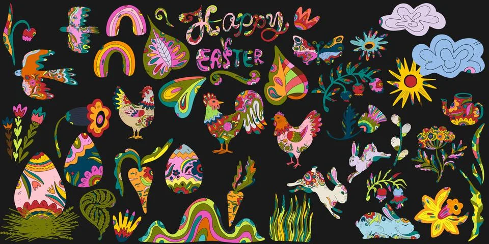 Large Easter decorative set. Vector elements in folk style: rabbits, eggs, fl Illustrazione stock