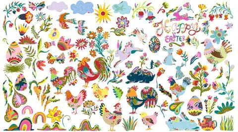 Large Easter decorative set. Vector elements in folk style: rabbits, eggs, fl 库存插图