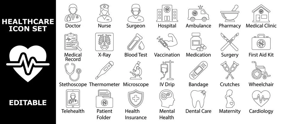 Large editable vector outline icon set representing healthcare, medical ser.. Stock Illustration