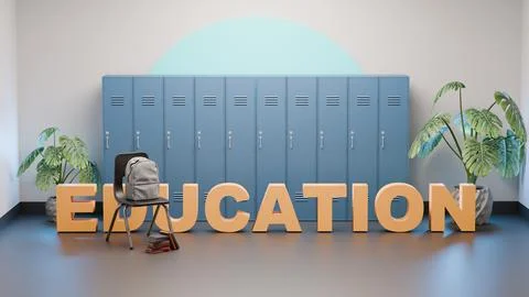 Large Education text with backpack and chair in school locker hallway Stock Illustration