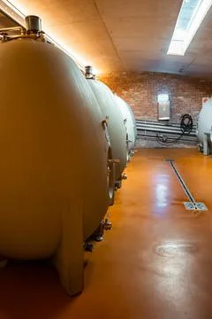 Large egg shaped wine fermentation tanks inside a modern winery cellar Stock Photos