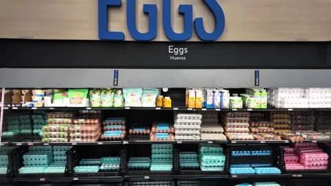 Large egg sign and egg containers at the grocery store Stock Footage 310730966
