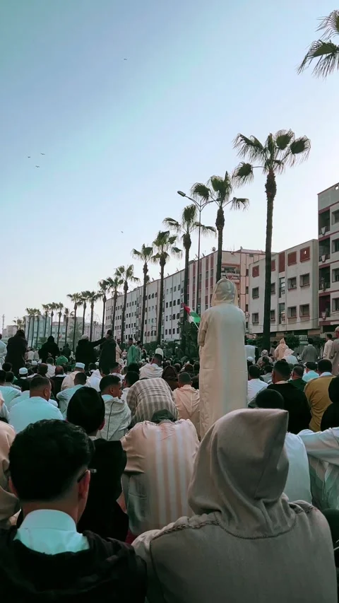 Large Eid Prayer Gathering at Outdoor Musalla, Casablanca, Morocco Stock Footage 318593390