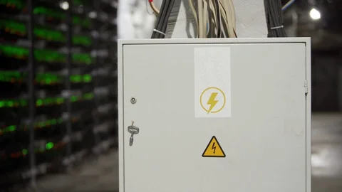 Large electrical shield with switchboard and automatic breakers powers large Stock Footage 130060149