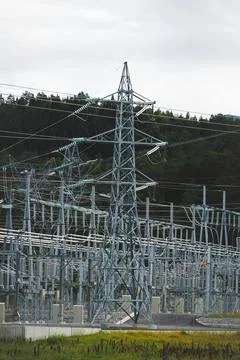 Large electrical substation in Norway with high voltage transmission lines,.. Stock Photos