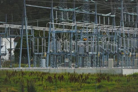 Large electrical substation in Norway with high voltage transmission lines,.. Stock Photos