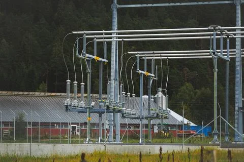 Large electrical substation in Norway with high voltage transmission lines,.. Stock Photos