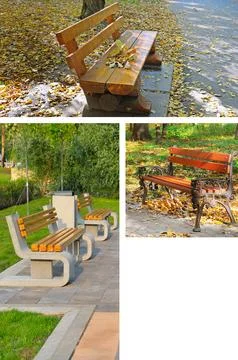 A large empty bench in a city park or garden. collage. Free space for text. Stock-Fotos