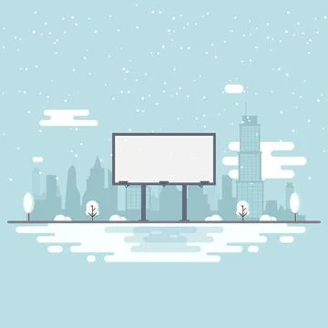 A large empty city billboard for your advertising on the landscape winter city. Stock Illustration