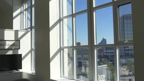 Large Empty Glass Windows, Floor to Ceiling Design, Urban City Background Stock Footage 83731436
