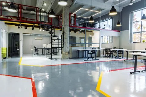 Large empty modern open space office interior Stock Photos