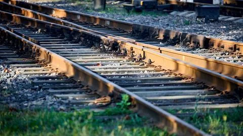 Large empty railroad crossing without fork. Concept of industrial logistic .. Foto stock