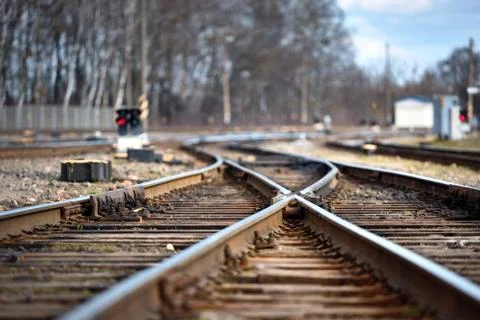 Large empty railroad fork. Concept of industrial logistic and transportation Stock Photos