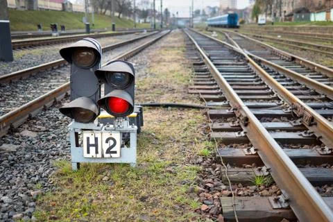 Large empty railroad fork semaphore. Concept of industrial logistic and Stock Photos