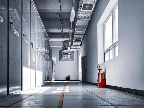 A large empty room with a red fire extinguisher on the floor Stock Photos