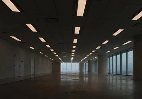 In a large, empty room where floor-to-ceiling windows frame a panoramic cit.. Stock Photos