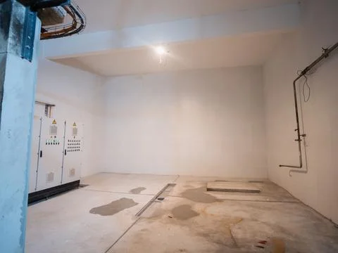 A large, empty room with a white wall and a grey floor Stock Photos