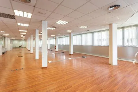 Large empty space with ceiling tiles, fluorescent lights, light brown laminate Stockfoto's