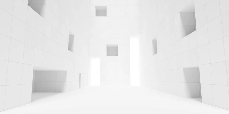 Large empty, white modern building or hallway with high walls and offset ro.. Stock Illustration