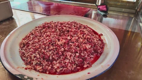 Large Enamel Tray Filled with Minced Mutton for Uyghur Baked Buns Stock Footage 343485857