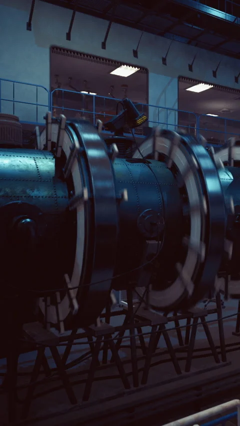 A large engine part takes center stage in a dimly lit workshop 스톡 동영상 335097883