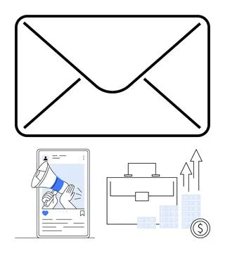 Large envelope icon accompanied by smartphone with notification, briefcase, s Stock Illustration