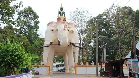 Large Erawan Elephant Statue Buddhist Temple Entrance Stock Footage 130376289